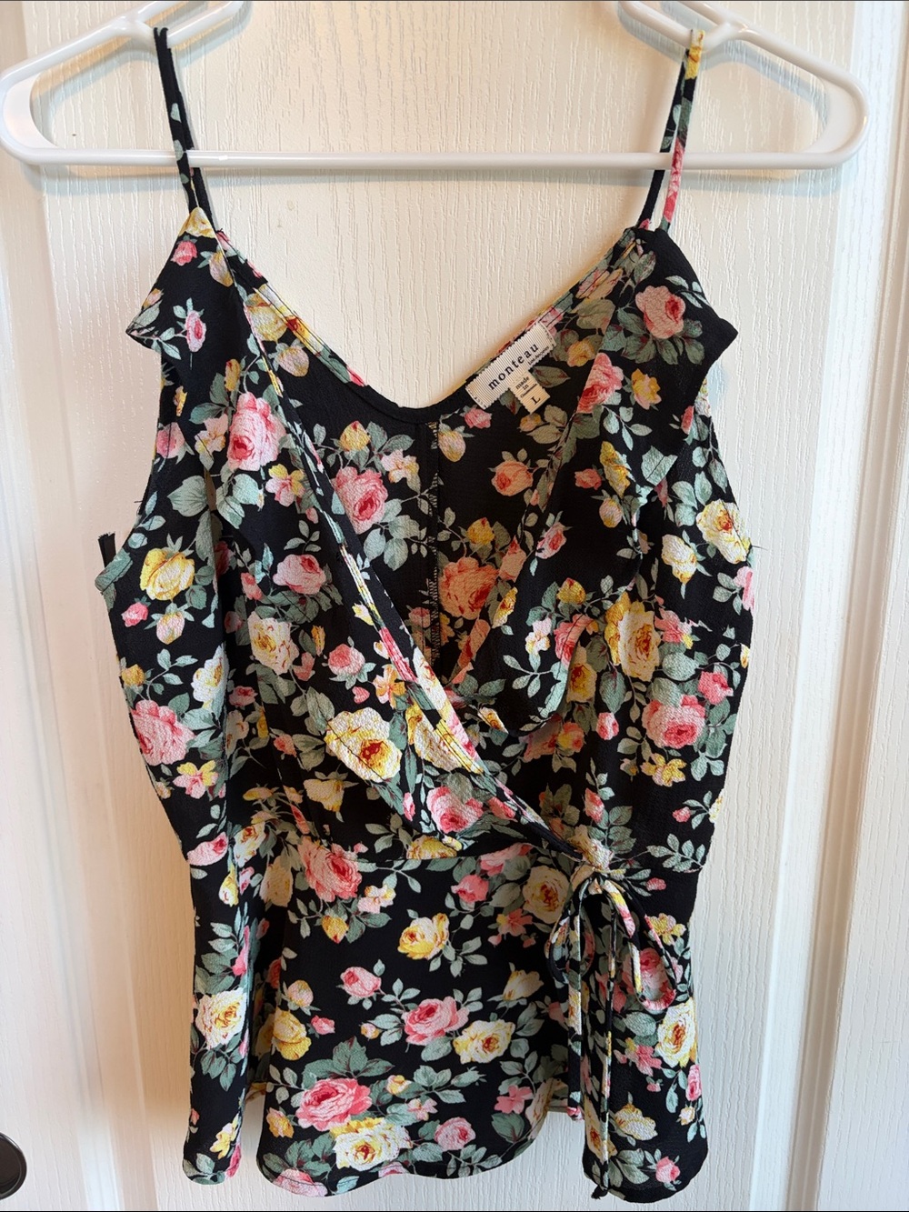Monteau Black Floral Wrap Cami with Pink & Yellow Roses